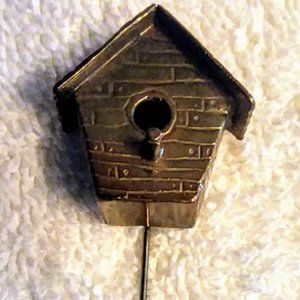 Vintage Birdhouse Artisan Signed Luna Parc Bronze Brooch Pin Bird House